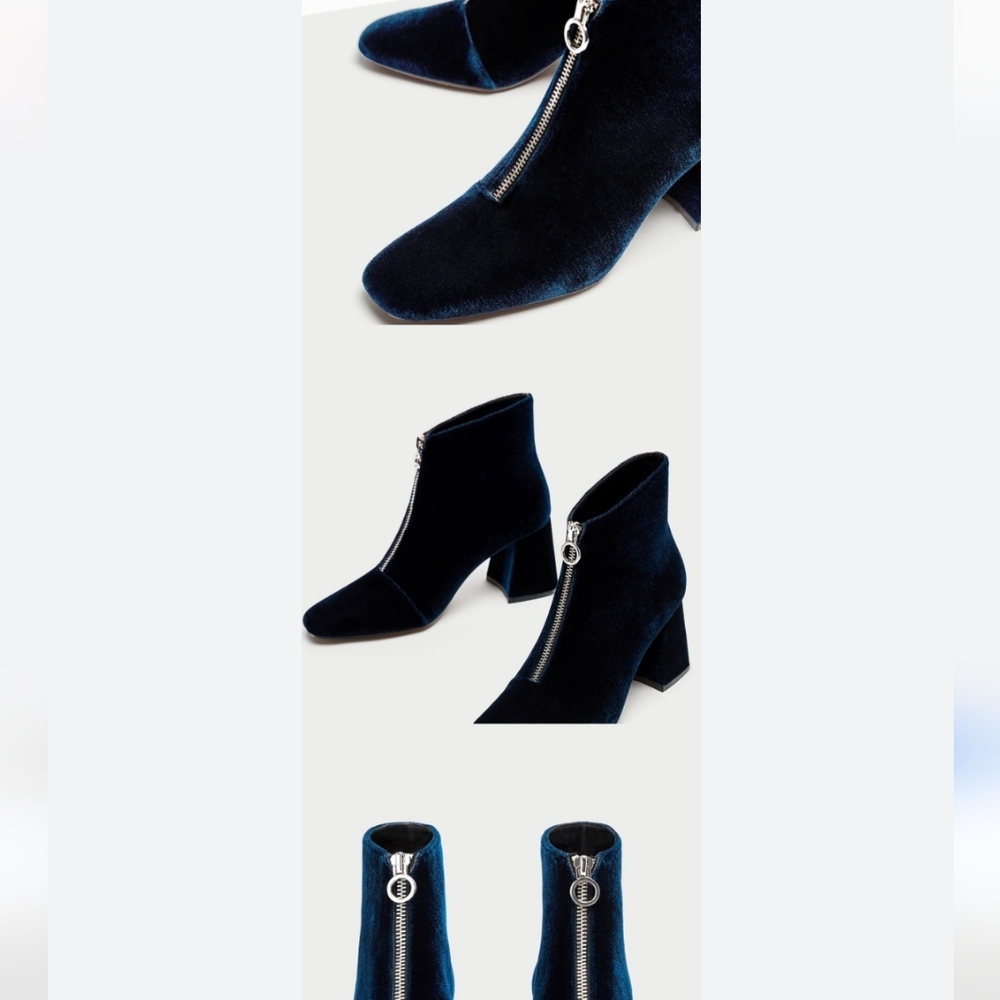 Zara Navy Velvet Ankle Boots with Front Zip